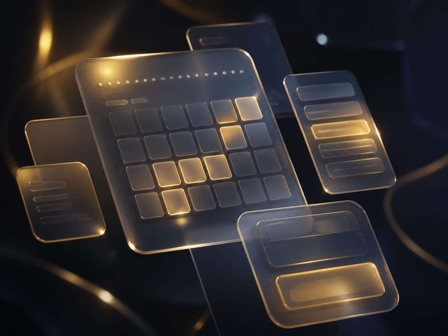 Layered glass calendar panels representing the Atelier Book scheduling workspace